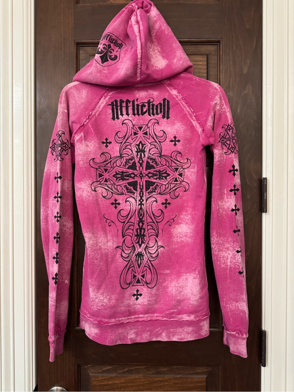 Affliction Women's Hot Pink McBling Distressed Rhinestoned Hooded Sweatshirt